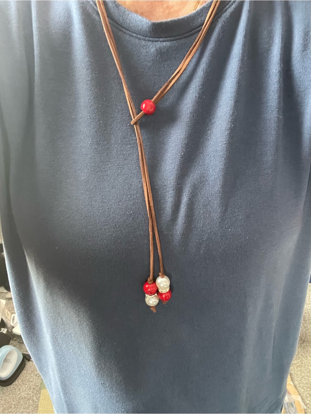 Handcrafted Brown Suede Lariat Necklace with Red and Pearl Beads